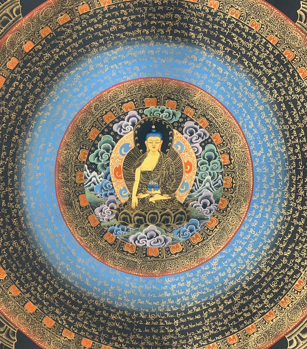 Hand-Painted Shakyamuni Buddha Thangka, Om Mantra Mandala Art