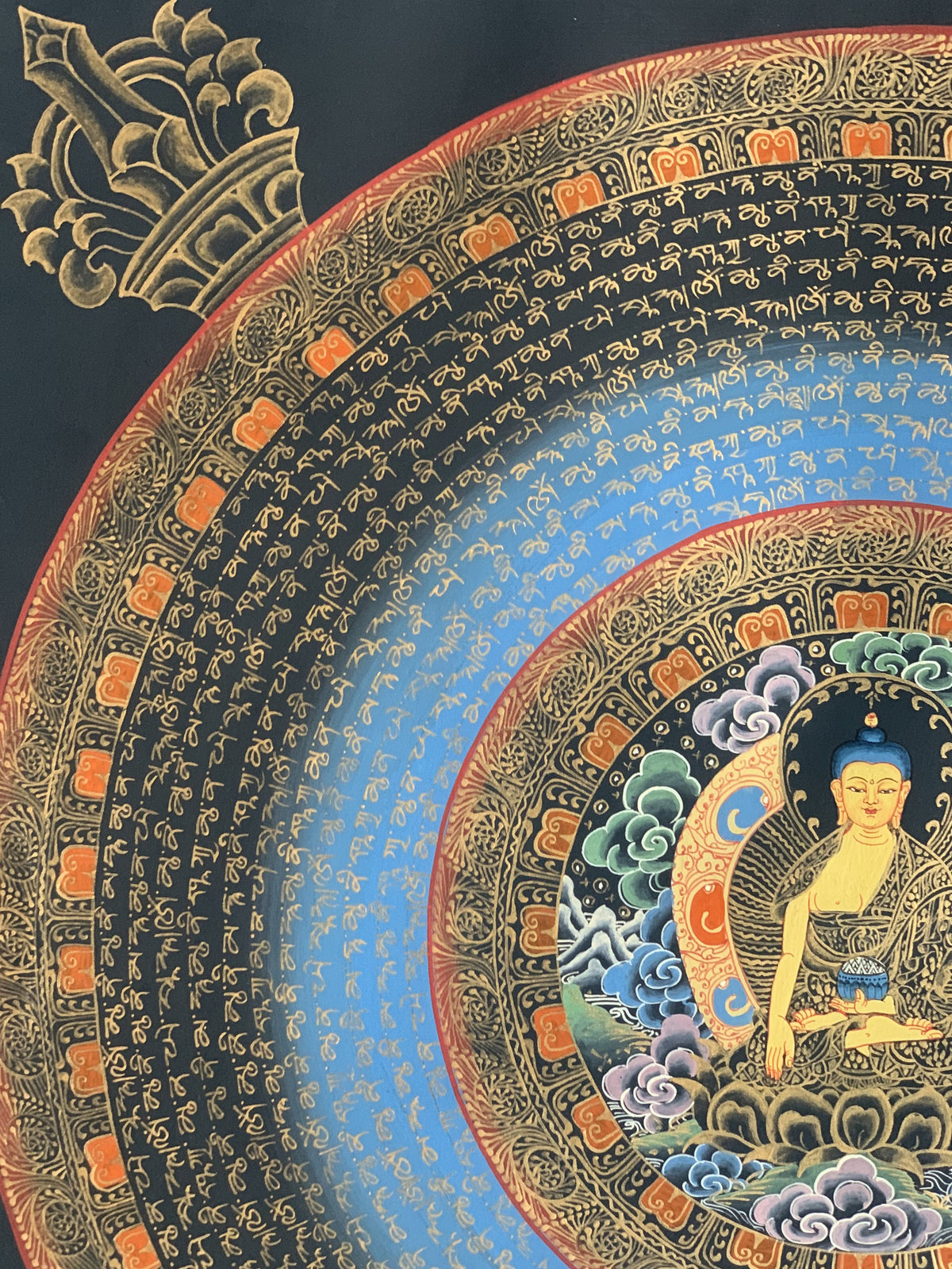 Hand-Painted Shakyamuni Buddha Thangka, Om Mantra Mandala Art