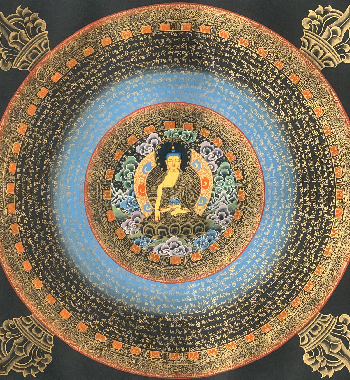 Hand-Painted Shakyamuni Buddha Thangka, Om Mantra Mandala Art