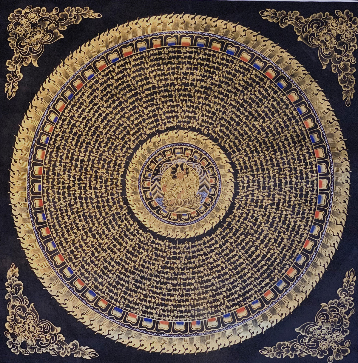 Guru Rinpoche Mantra Mandala Thangka Painting: Black & Gold Meditation Art