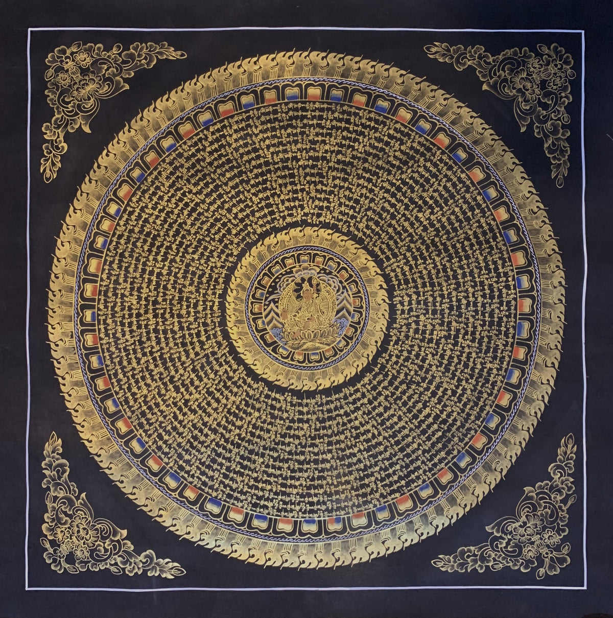 Guru Rinpoche Mantra Mandala Thangka Painting: Black & Gold Meditation Art