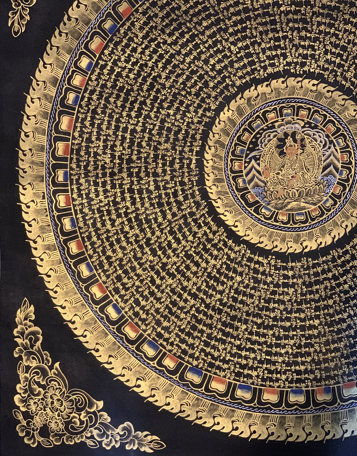 Guru Rinpoche Mantra Mandala Thangka Painting: Black & Gold Meditation Art