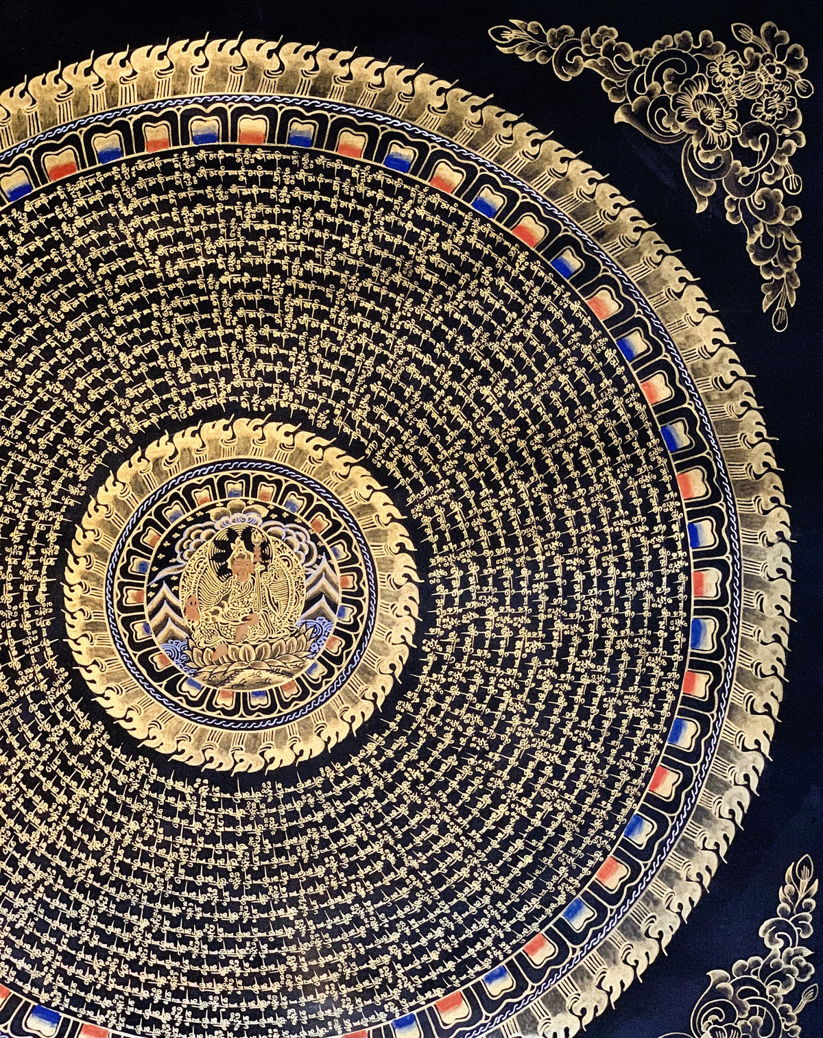 Guru Rinpoche Mantra Mandala Thangka Painting: Black & Gold Meditation Art