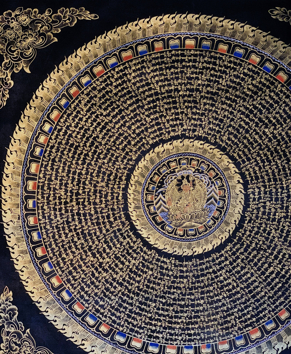 Guru Rinpoche Mantra Mandala Thangka Painting: Black & Gold Meditation Art