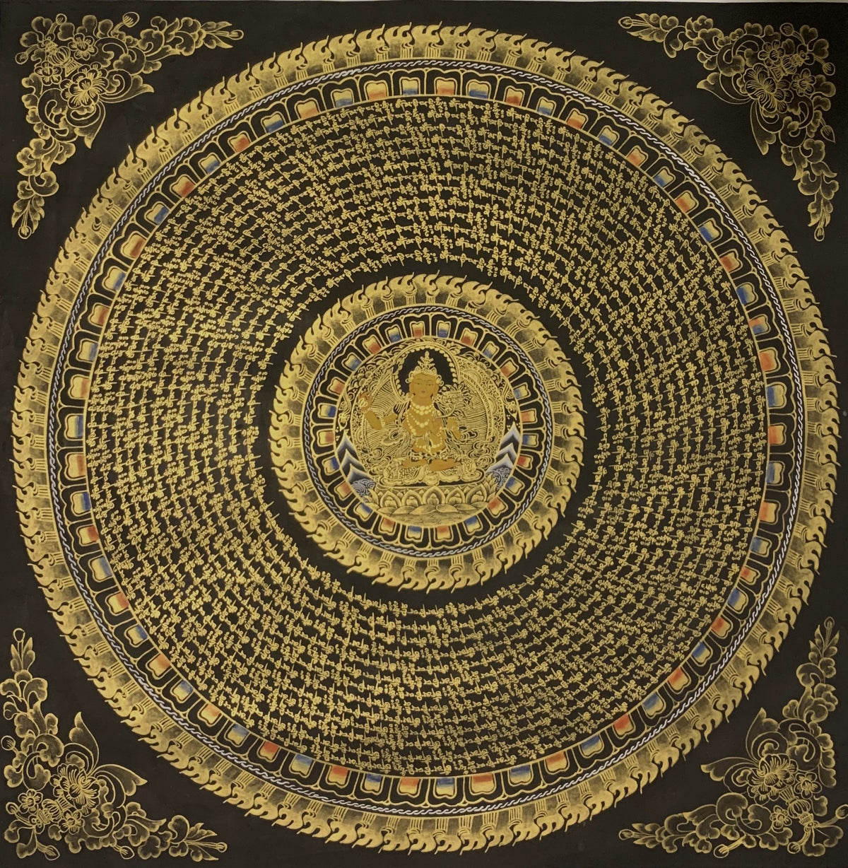 Hand-Painted Manjushri Om Mantra Mandala Tibetan Thangka Art (27x27 In)