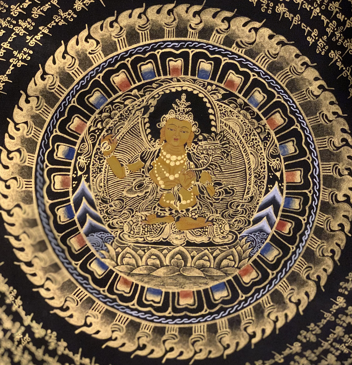 Hand-Painted Manjushri Om Mantra Mandala Tibetan Thangka Art (27x27 In)