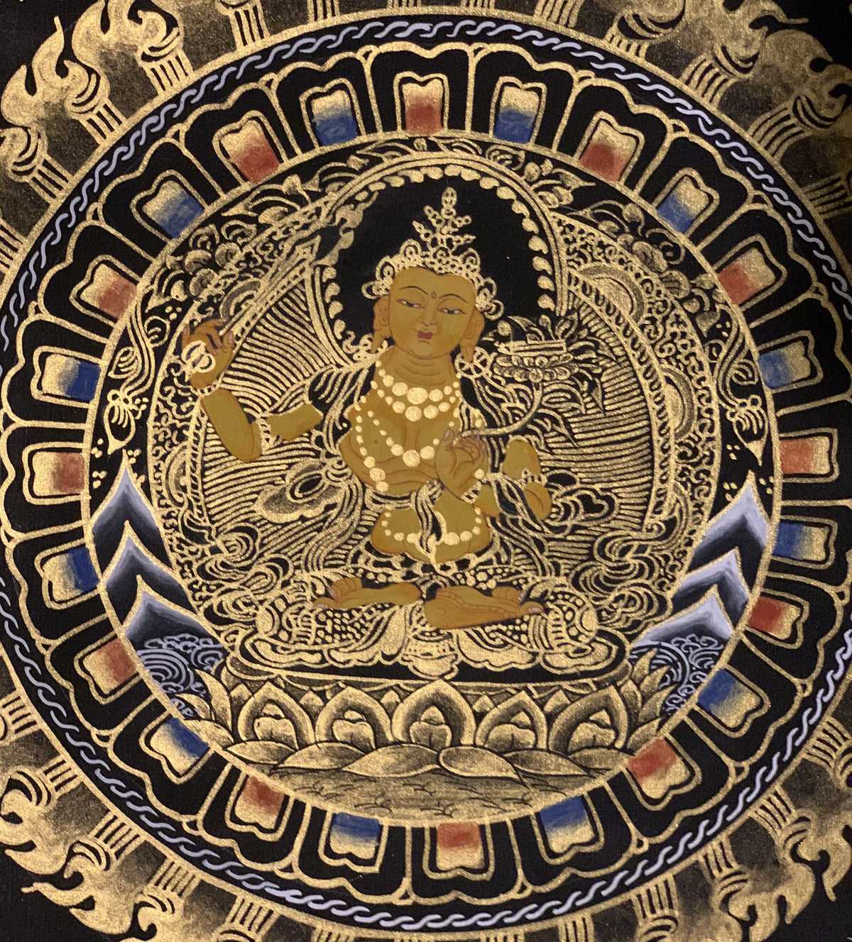 Hand-Painted Manjushri Om Mantra Mandala Tibetan Thangka Art (27x27 In)