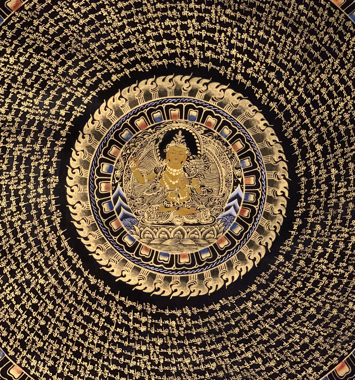 Hand-Painted Manjushri Om Mantra Mandala Tibetan Thangka Art (27x27 In)