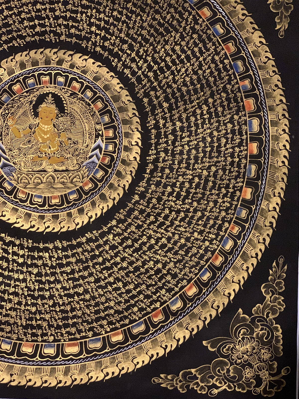 Hand-Painted Manjushri Om Mantra Mandala Tibetan Thangka Art (27x27 In)