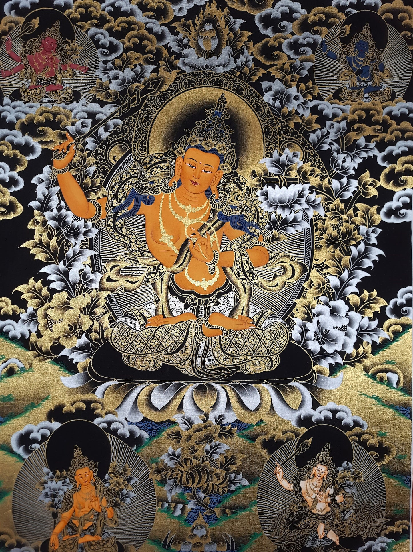 Hand-Painted Manjushri Thangka, Tibetan God of Wisdom Painting