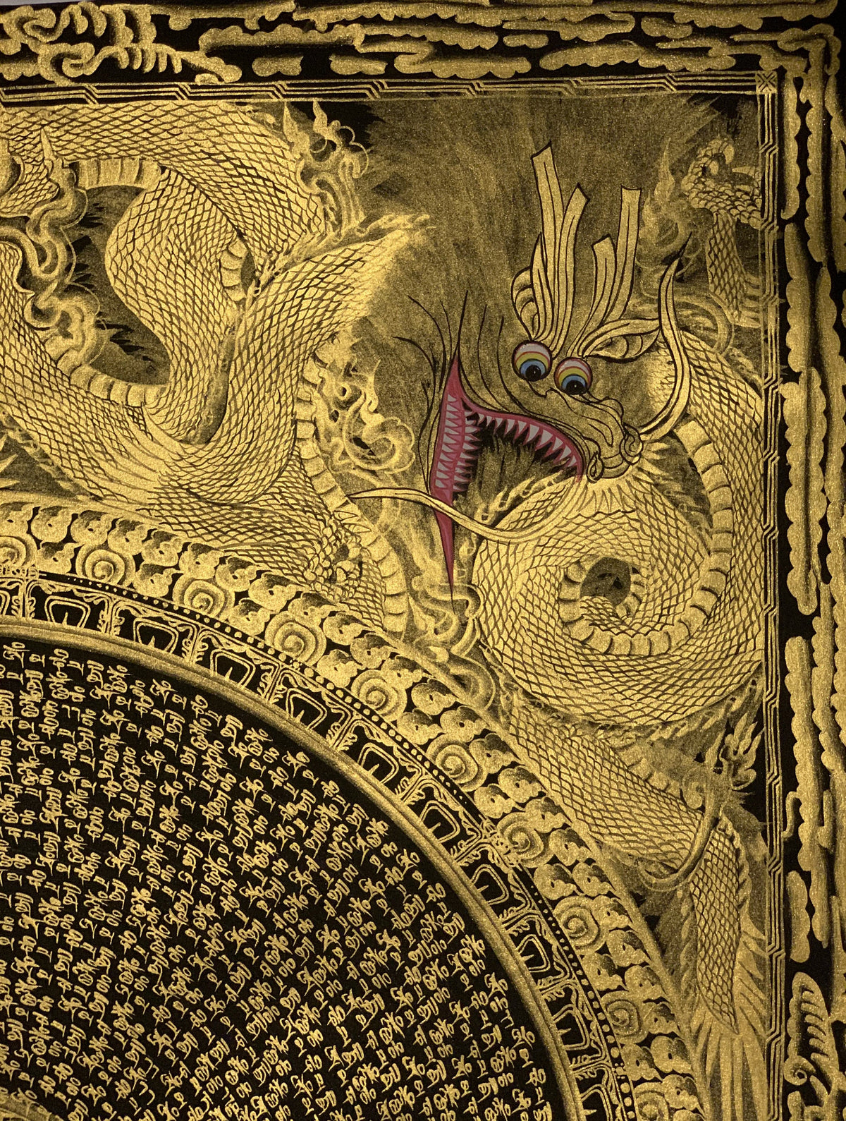 Hand Painted Sacred Om Mantra Dragon Mandala Black and Gold Master Quality Tibetan Thangka Painting/Wall Hanging Original Artist Signed Art