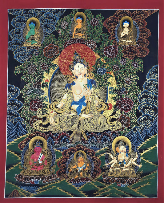 Hand Painted White Tara Thangka, Tibetan Mother Goddess Art