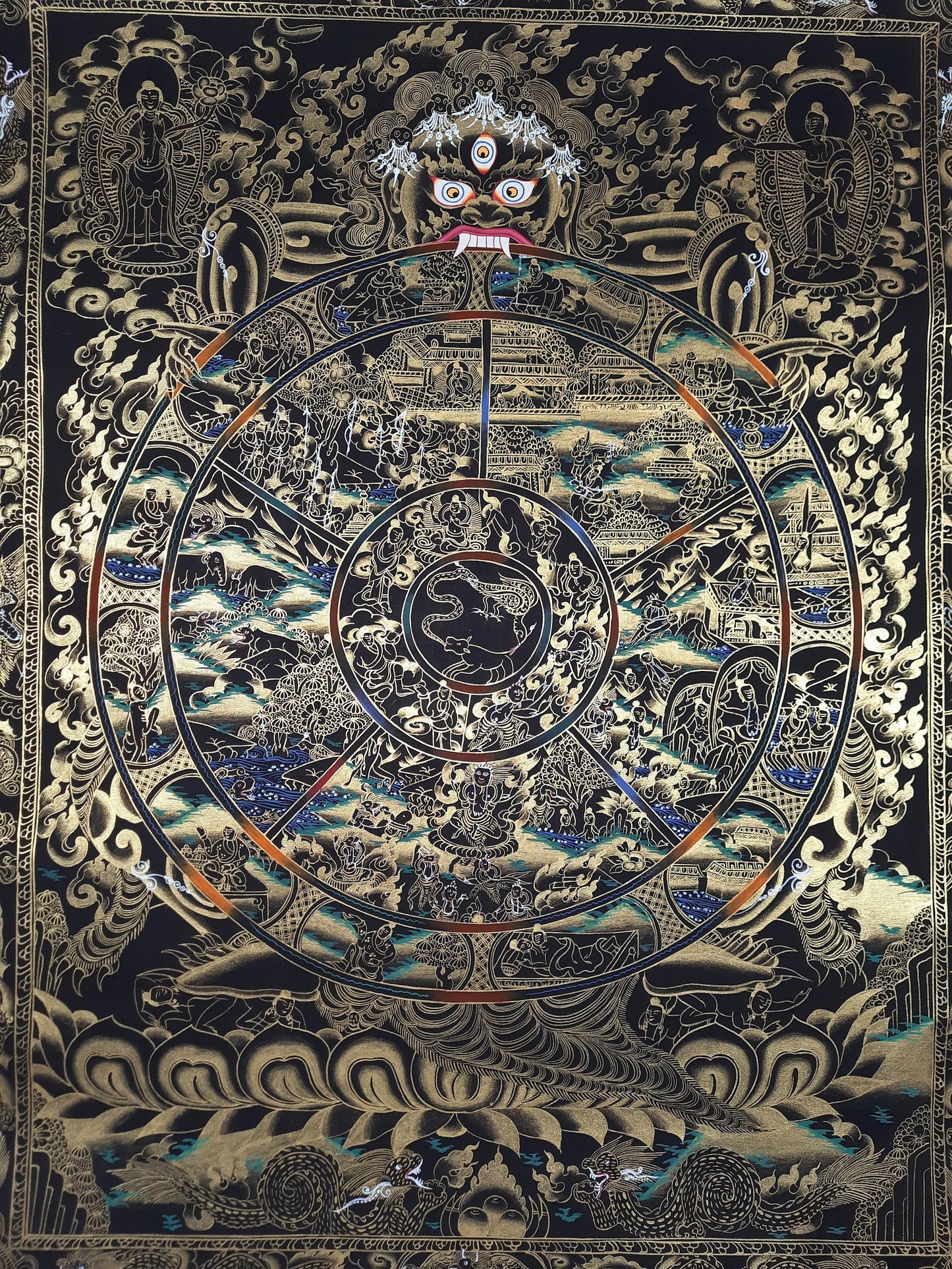 Hand-Painted Wheel of Life Thangka – Tibetan Mandala Wall Hanging