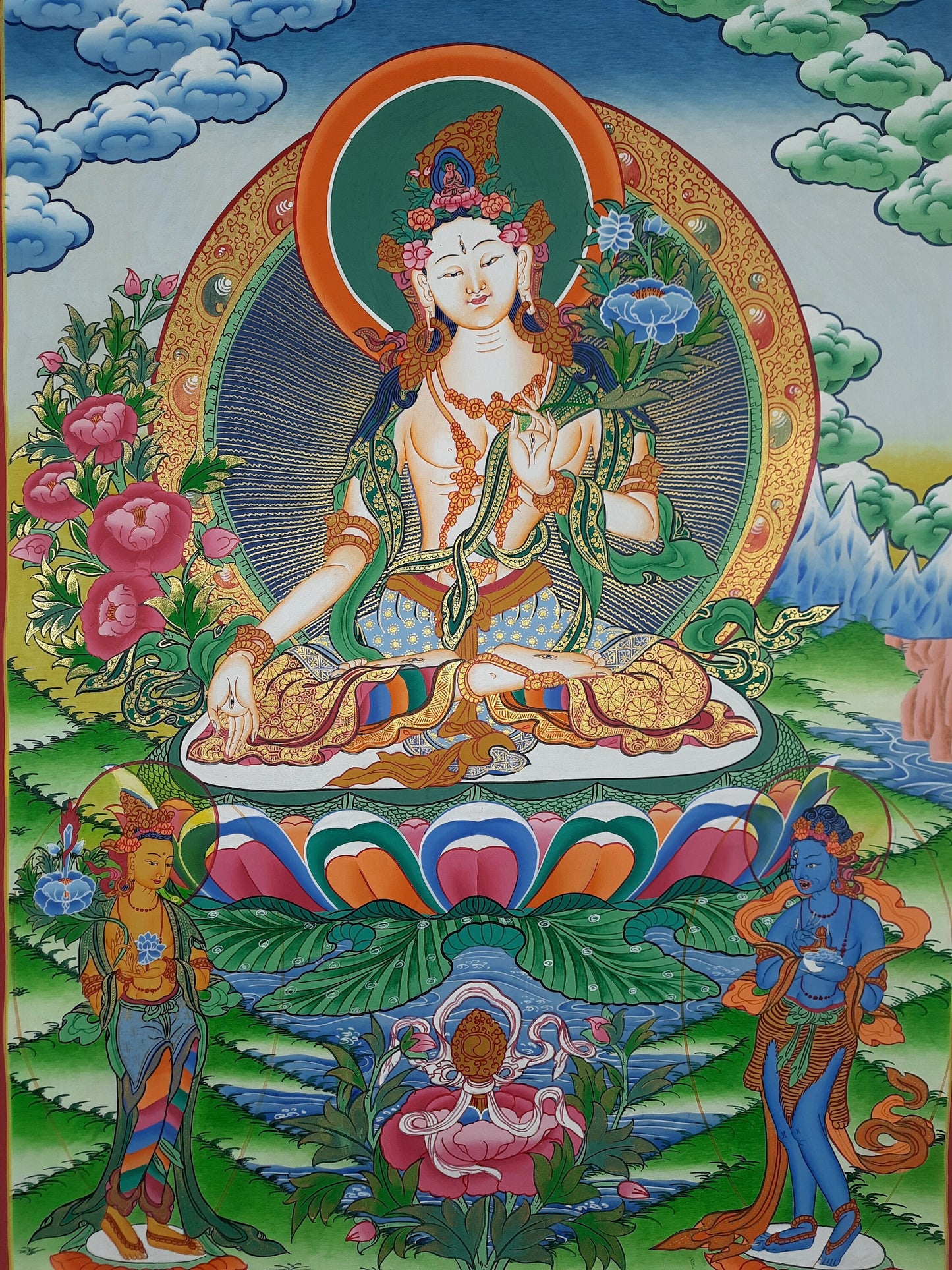 Hand-Painted White Tara Thangka Painting, Tibetan Meditation Art