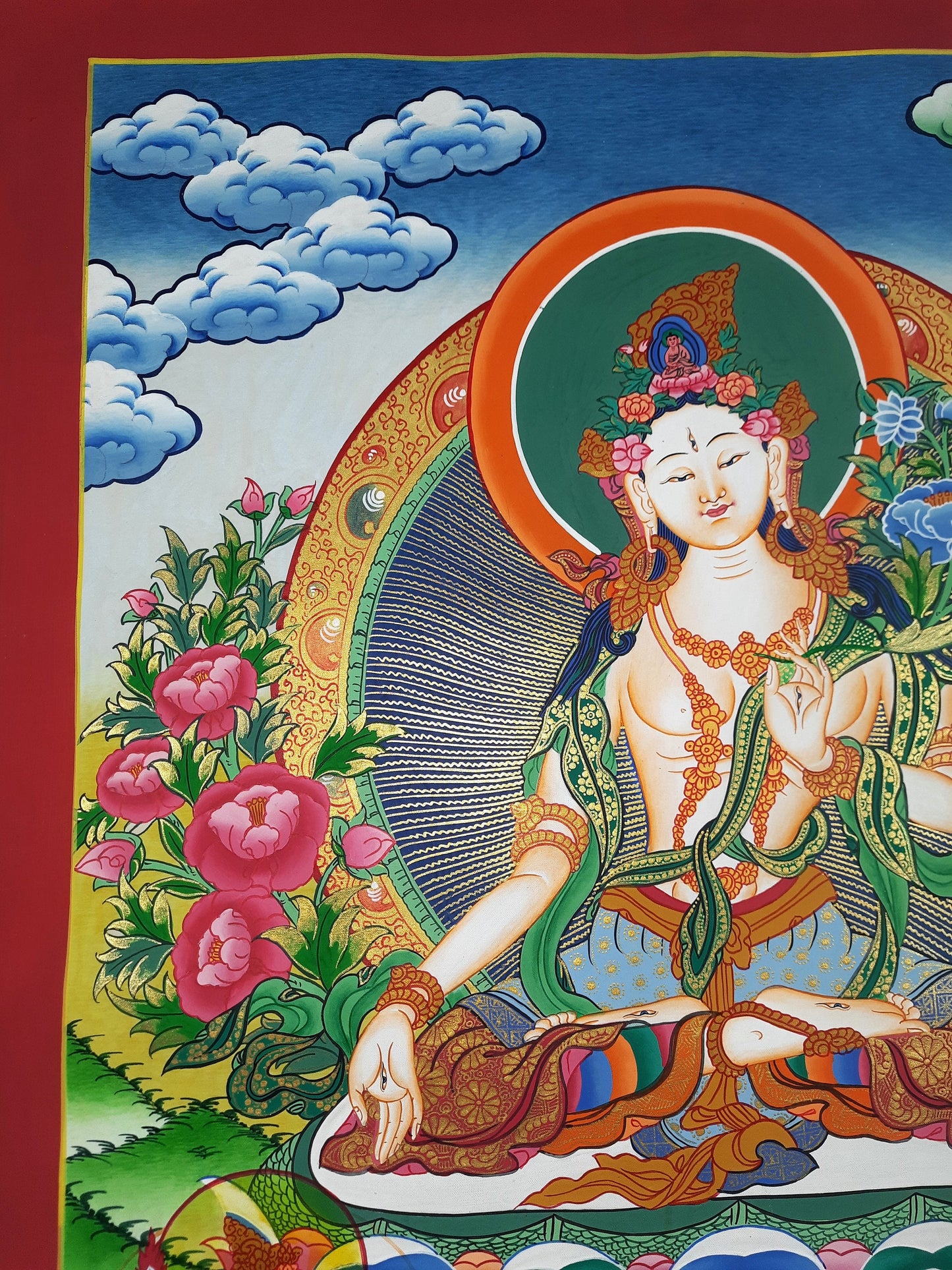 Hand-Painted White Tara Thangka Painting, Tibetan Meditation Art