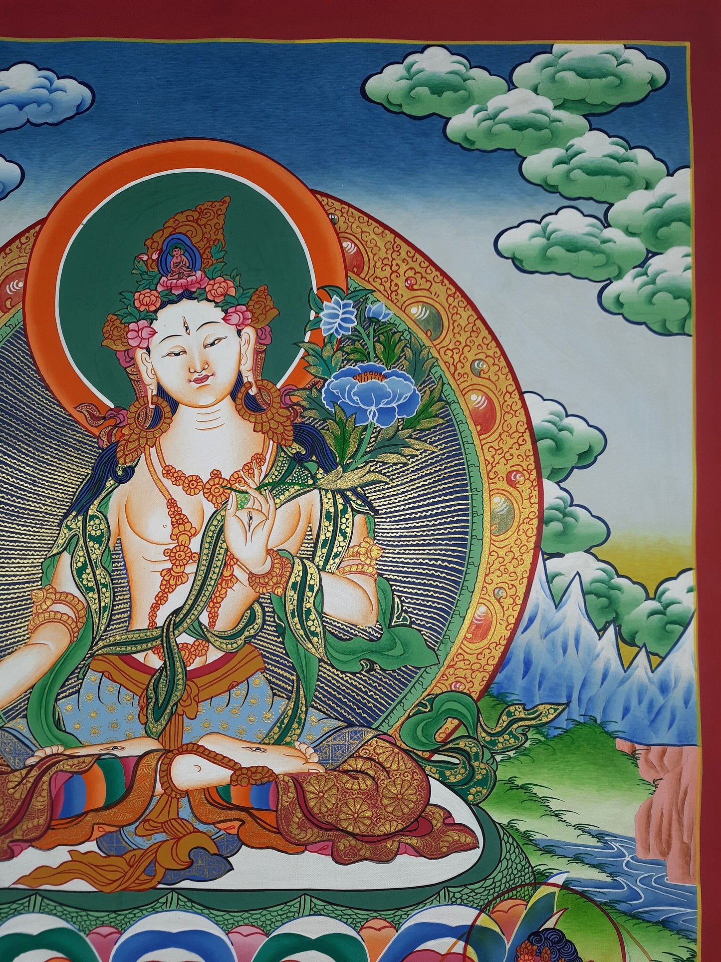 Hand-Painted White Tara Thangka Painting, Tibetan Meditation Art