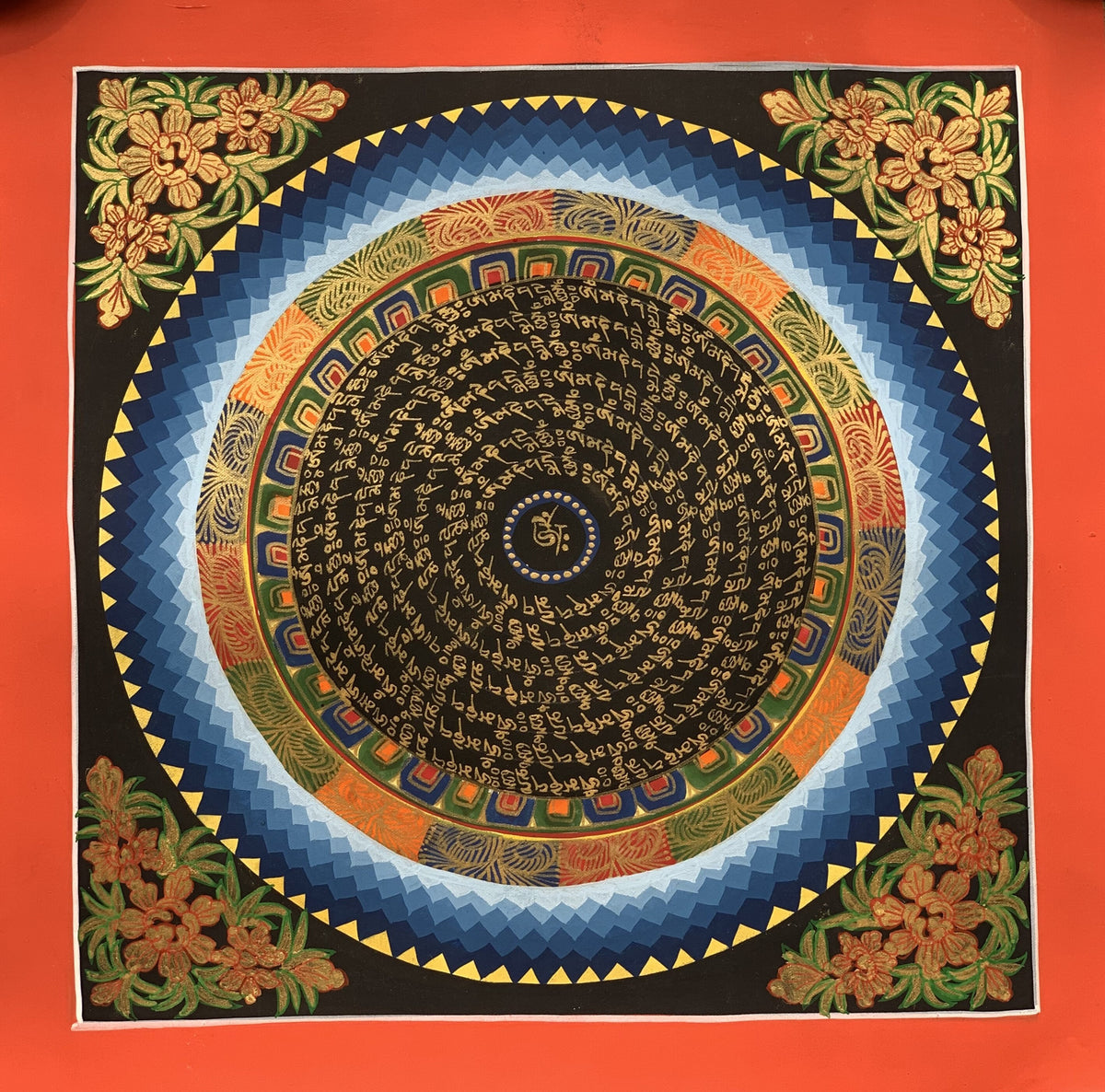 Sacred Om Mani Padme Hum Mantra Mandala Tibetan Thangka Painting Floral Border Original Art/ Home Décor/ Wall Hanging