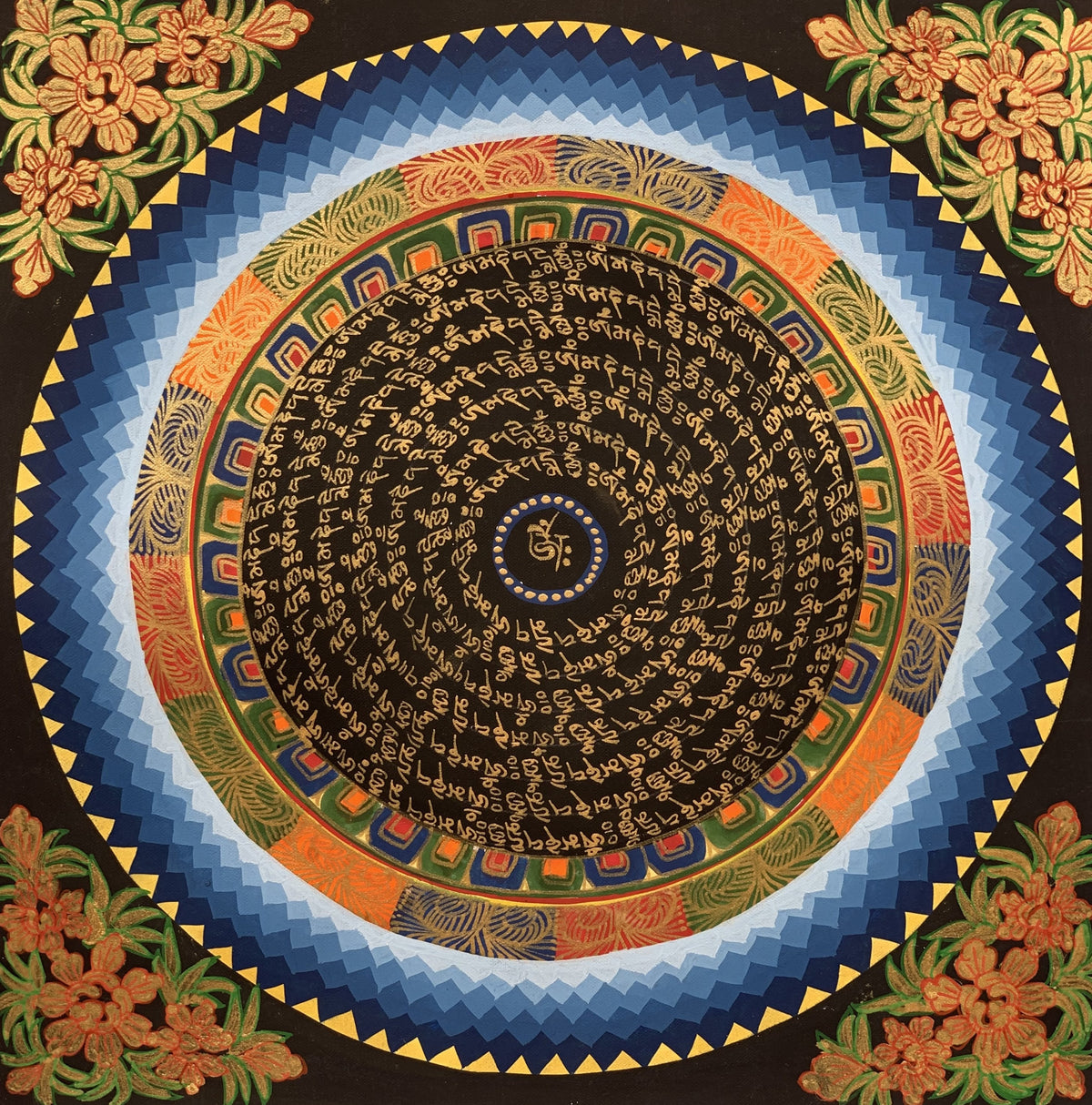 Sacred Om Mani Padme Hum Mantra Mandala Tibetan Thangka Painting Floral Border Original Art/ Home Décor/ Wall Hanging