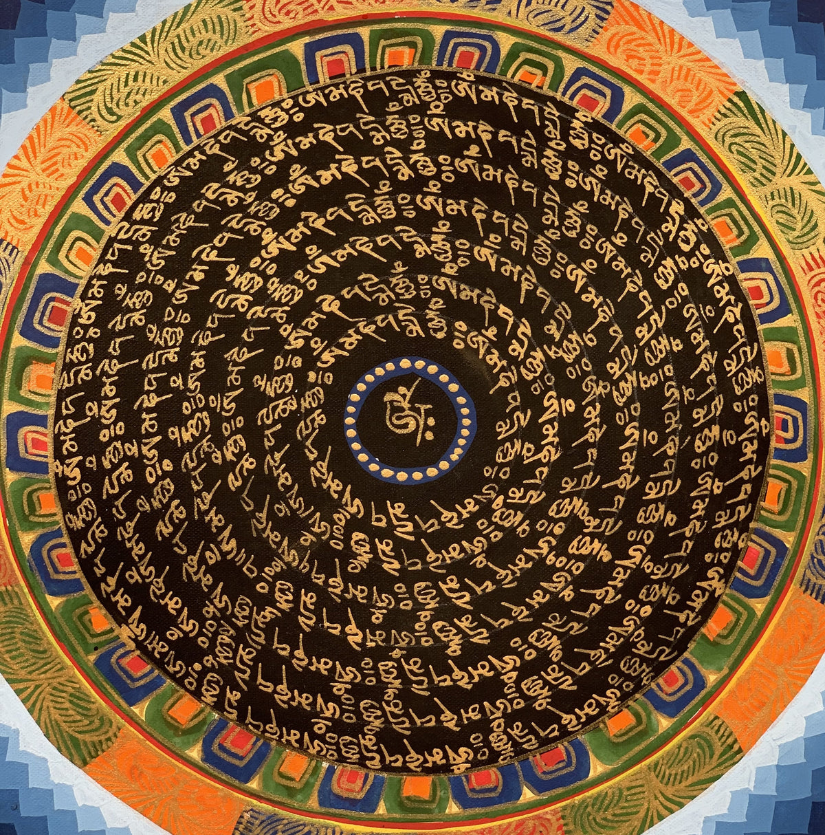 Sacred Om Mani Padme Hum Mantra Mandala Tibetan Thangka Painting Floral Border Original Art/ Home Décor/ Wall Hanging