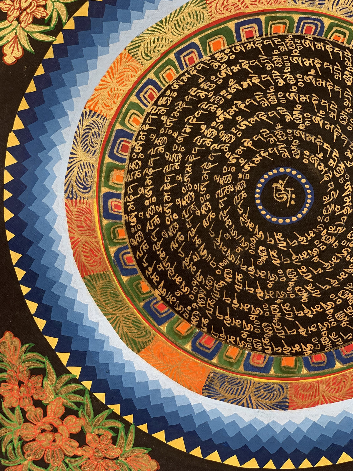 Sacred Om Mani Padme Hum Mantra Mandala Tibetan Thangka Painting Floral Border Original Art/ Home Décor/ Wall Hanging
