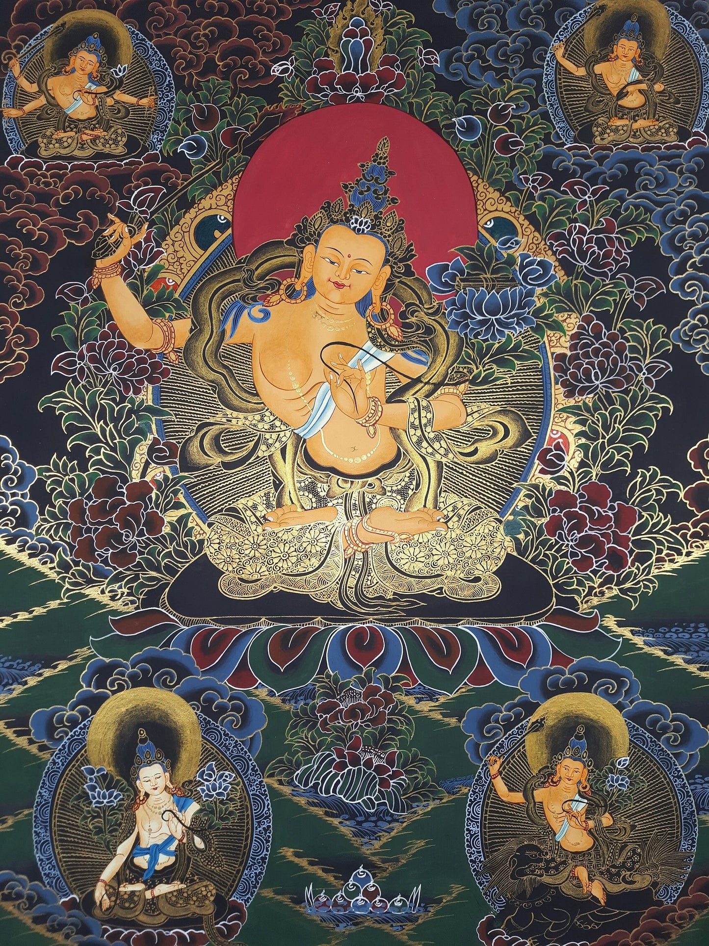 Hand-Painted Pancha Manjushree Thangka Painting, God of Wisdom