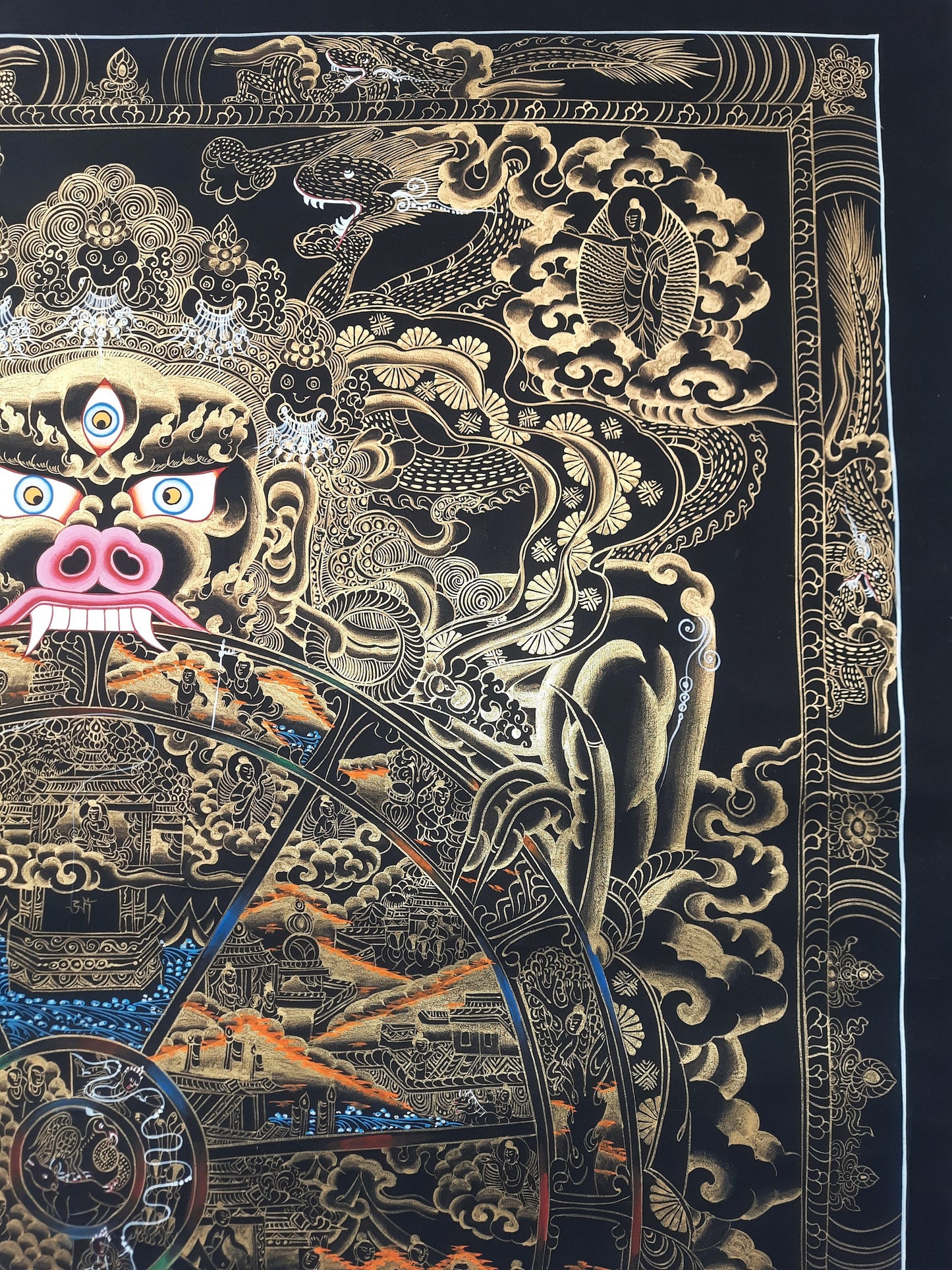 Hand Painted Wheel Of Life Mandala, Tibetan Thangka Painting, Black and Gold