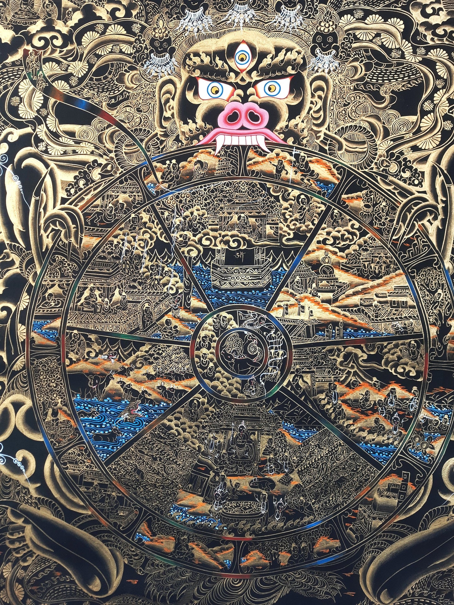 Hand Painted Wheel Of Life Mandala, Tibetan Thangka Painting, Black and Gold