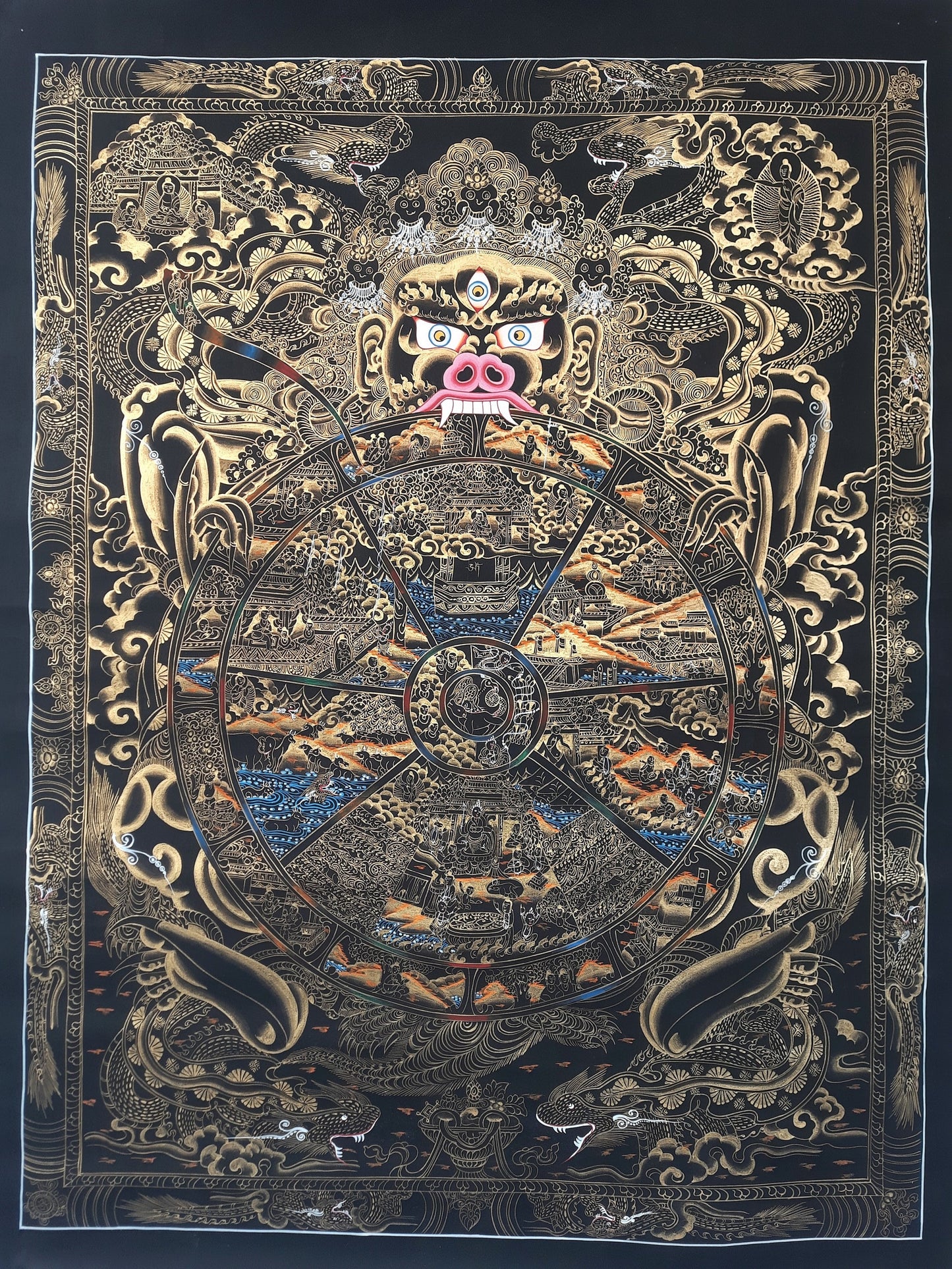 Hand Painted Wheel Of Life Mandala, Tibetan Thangka Painting, Black and Gold