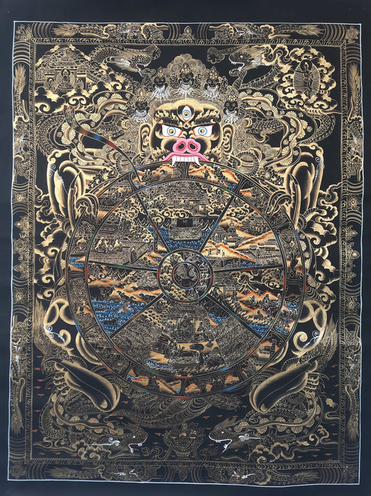 Hand Painted Wheel Of Life Mandala, Tibetan Thangka Painting, Black and Gold
