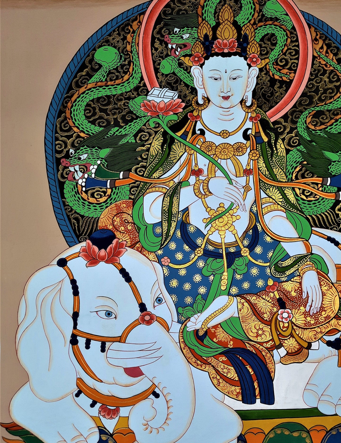 Hand-Painted Pu Xian Thangka: Compassion Buddha, Tibetan Art