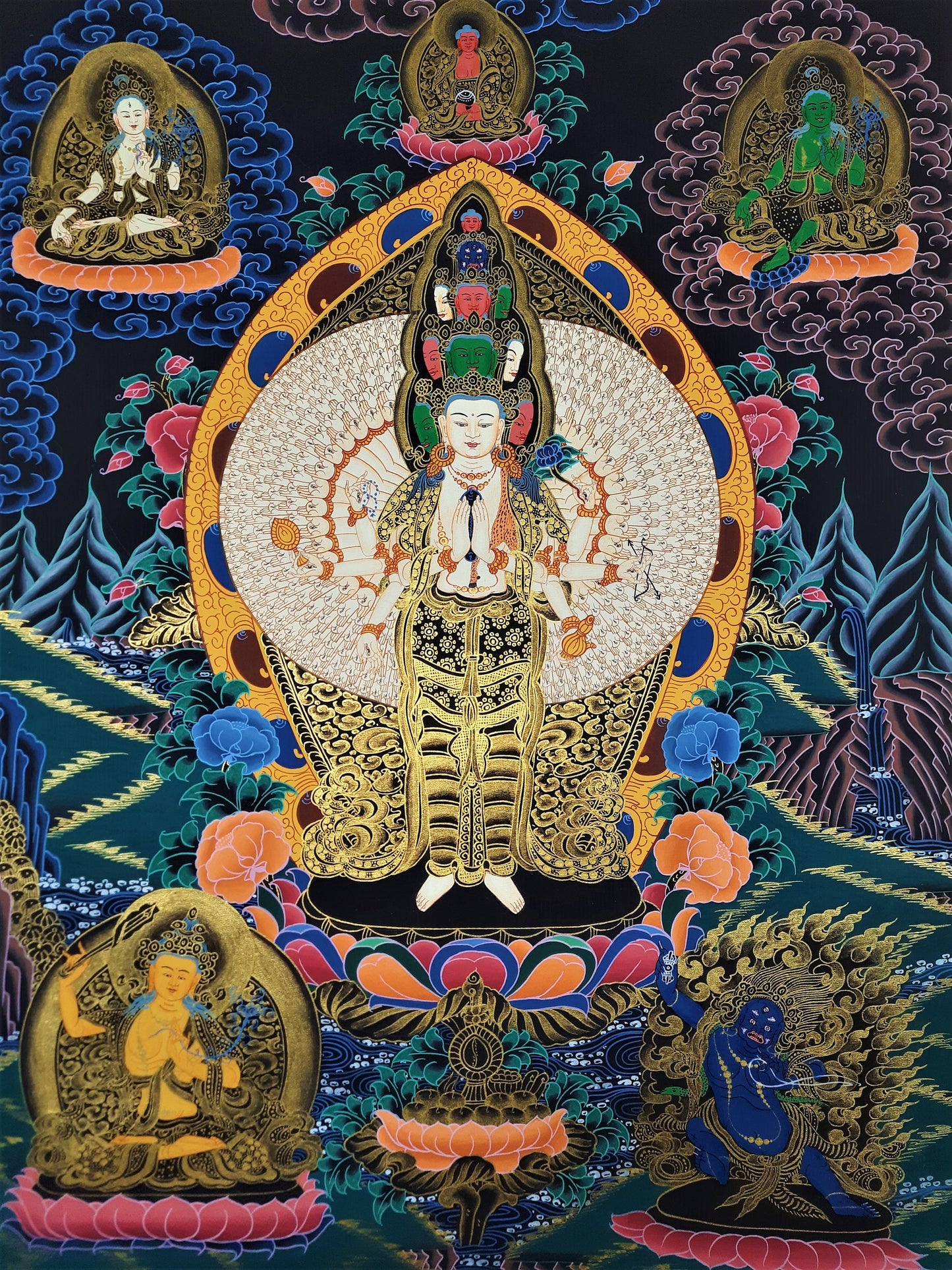 Hand Painted Avalokiteshvara Thangka: Tibetan Buddhist Art from Nepal