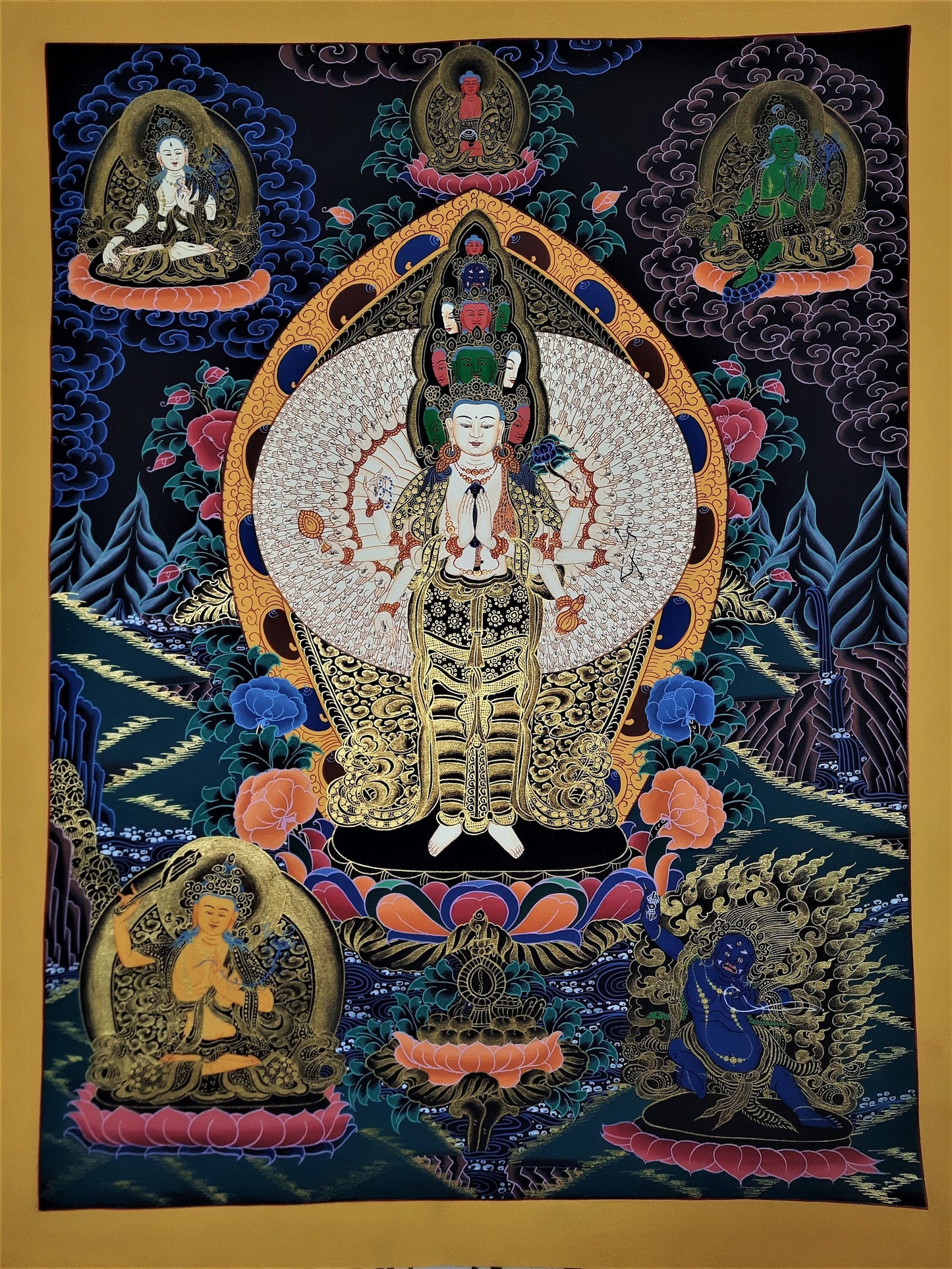 Hand Painted Avalokiteshvara Thangka: Tibetan Buddhist Art from Nepal