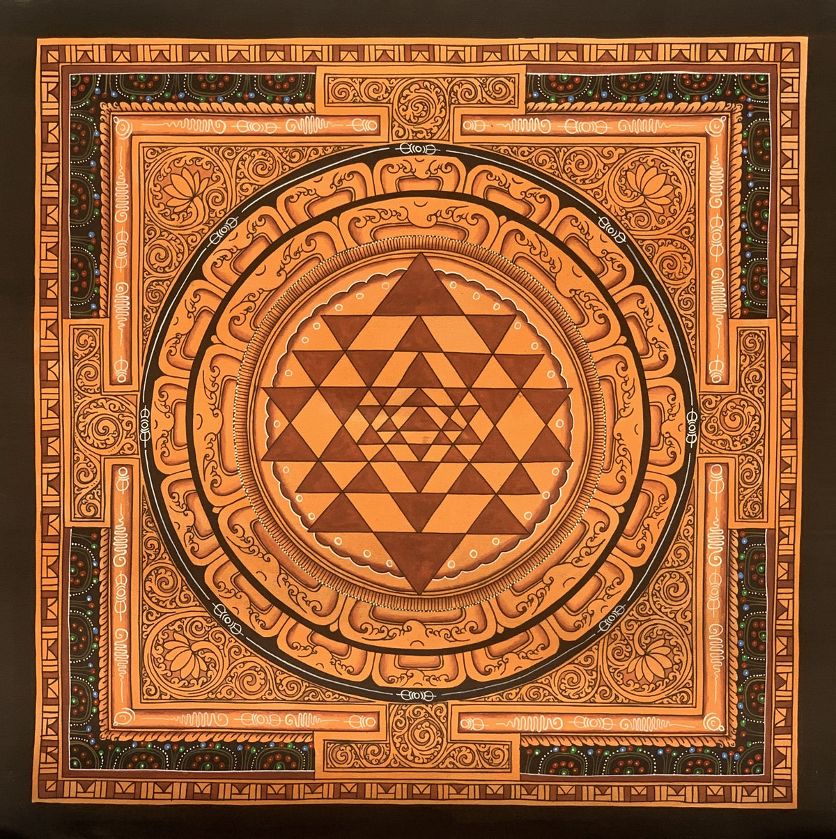 Hand Painted Shri Yantra or Shri Chakara Mandala Newari Paubha Thangka Painting Original Art for Positive Energy