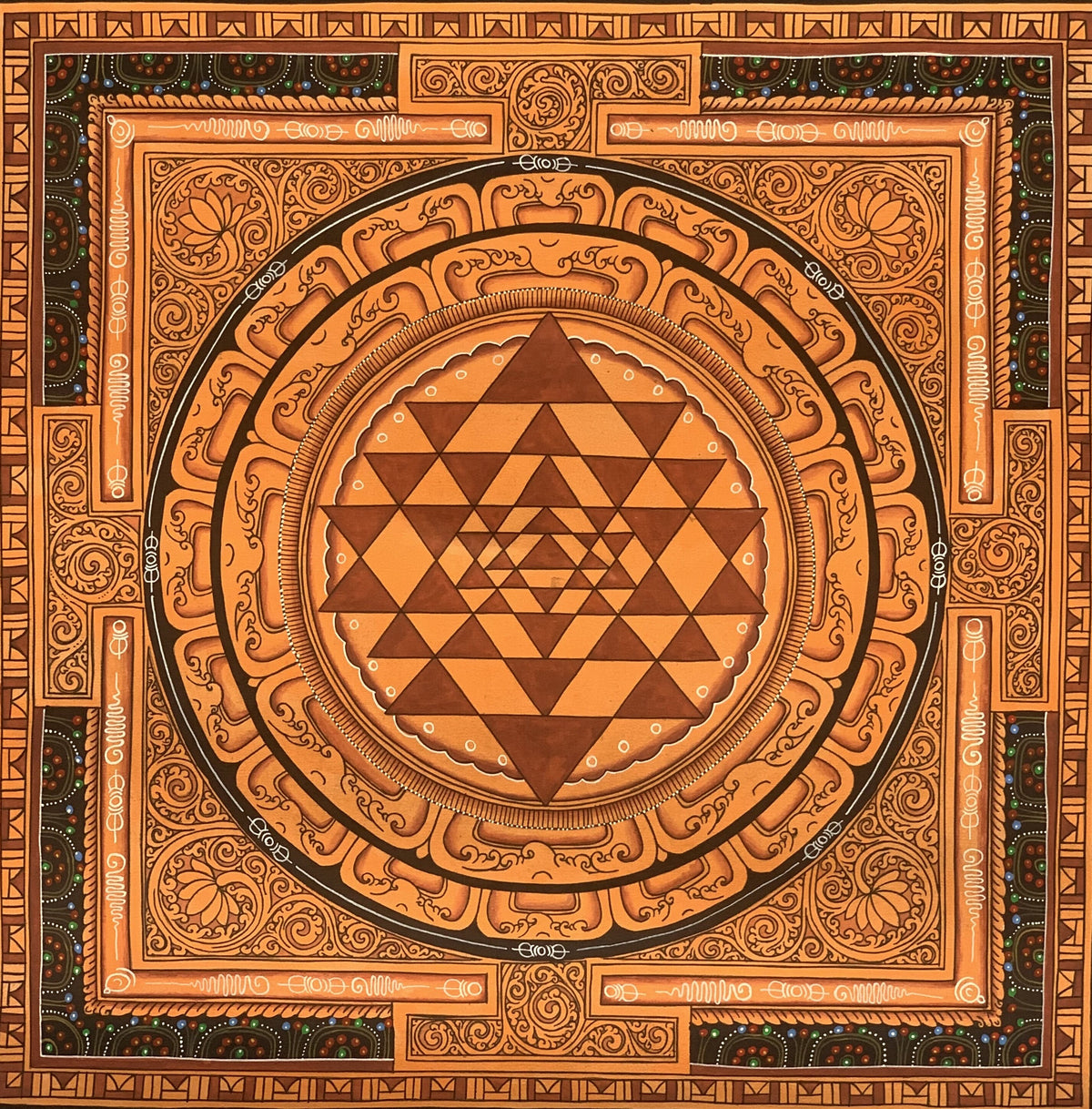 Hand Painted Shri Yantra or Shri Chakara Mandala Newari Paubha Thangka Painting Original Art for Positive Energy