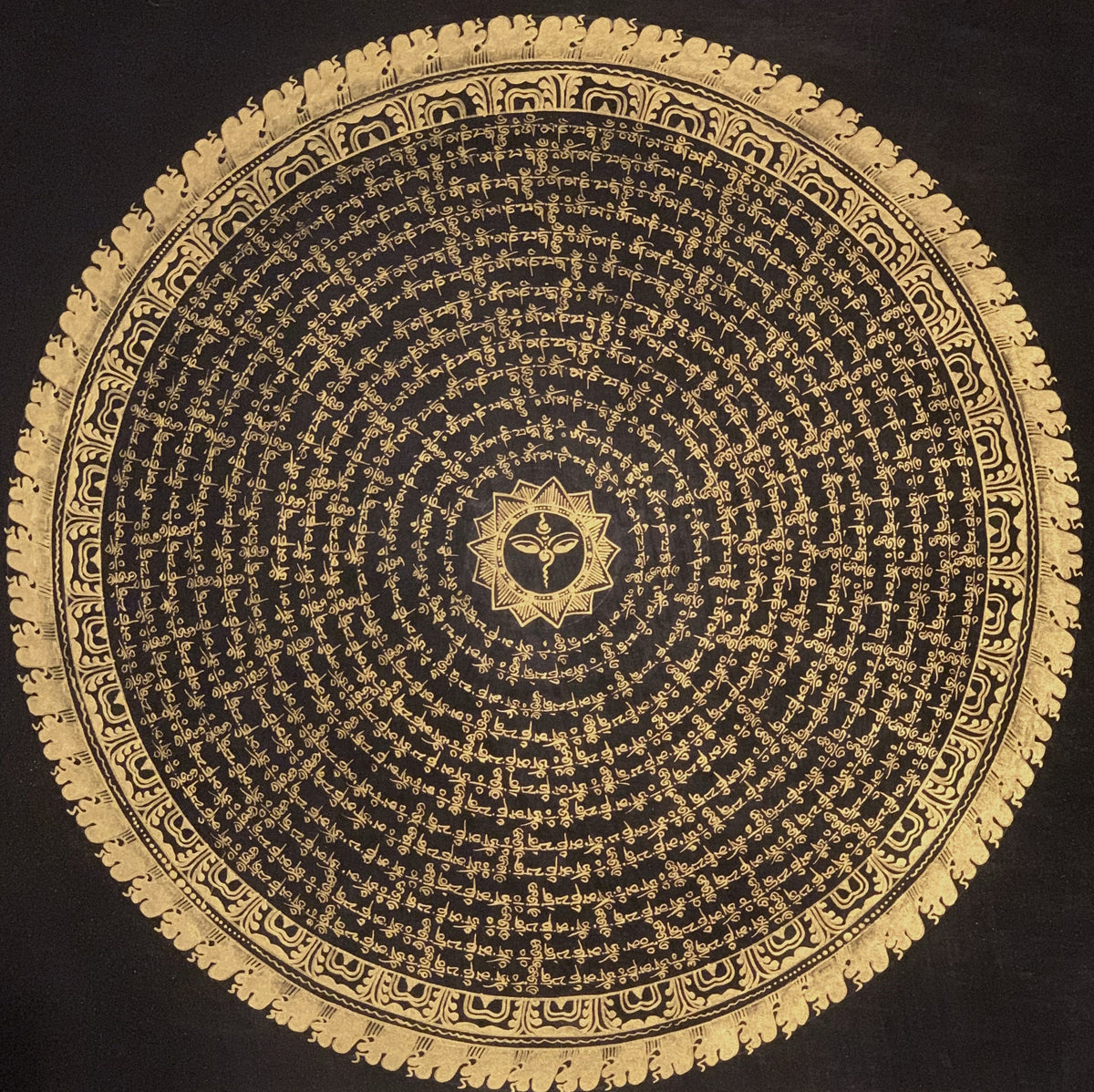 Tibetan Om Mandala Thangka Painting - Black & Gold Meditation Art