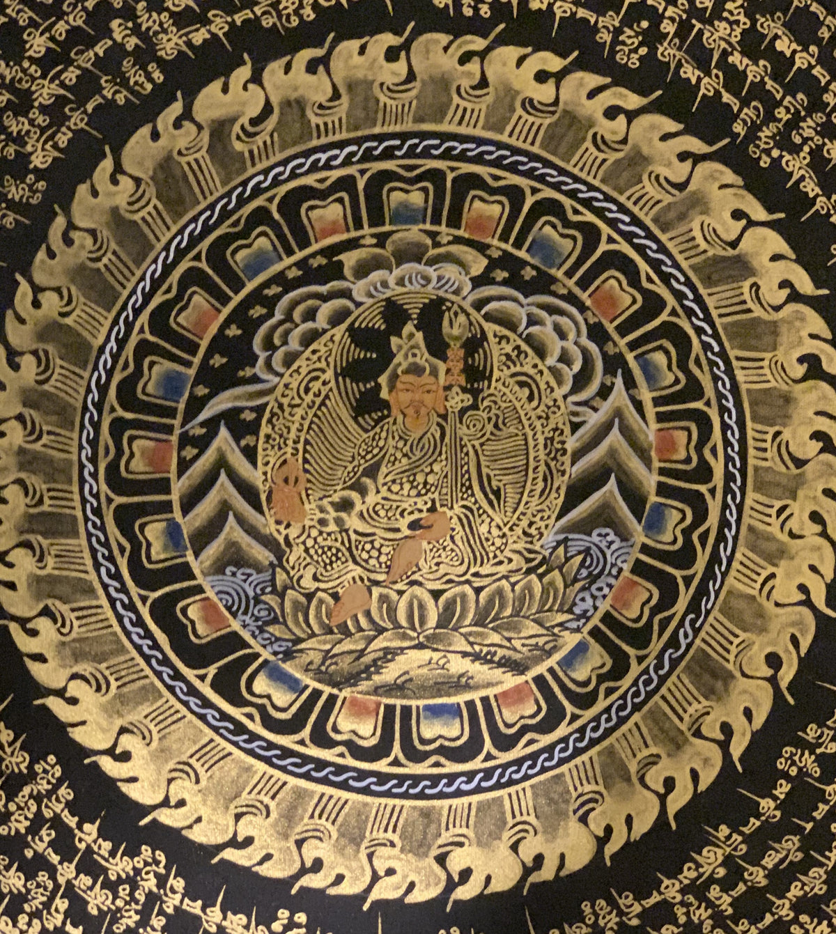 Guru Rinpoche Mantra Mandala Thangka Painting: Black & Gold Meditation Art