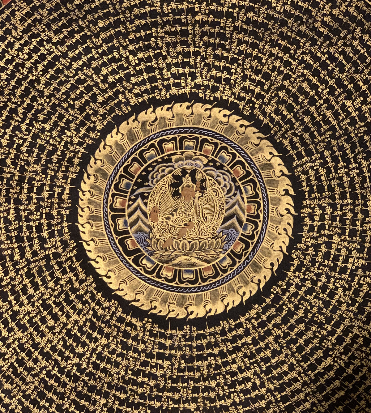 Guru Rinpoche Mantra Mandala Thangka Painting: Black & Gold Meditation Art
