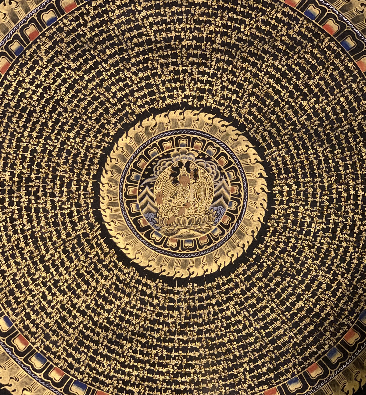 Guru Rinpoche Mantra Mandala Thangka Painting: Black & Gold Meditation Art
