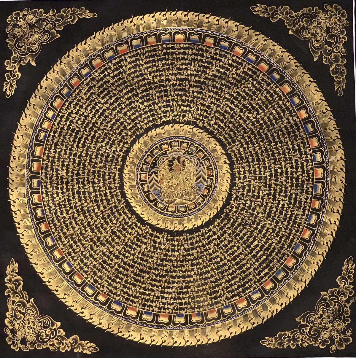 Guru Rinpoche Mantra Mandala Thangka Painting: Black & Gold Meditation Art