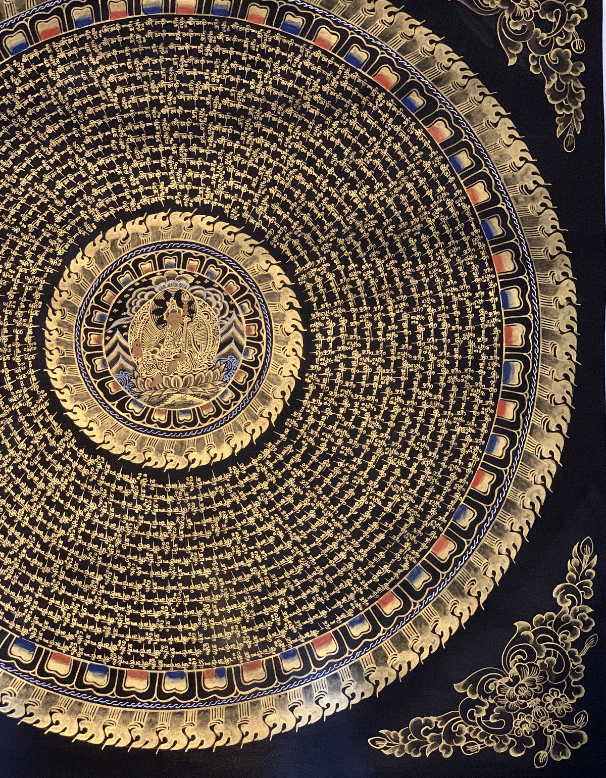 Guru Rinpoche Mantra Mandala Thangka Painting: Black & Gold Meditation Art