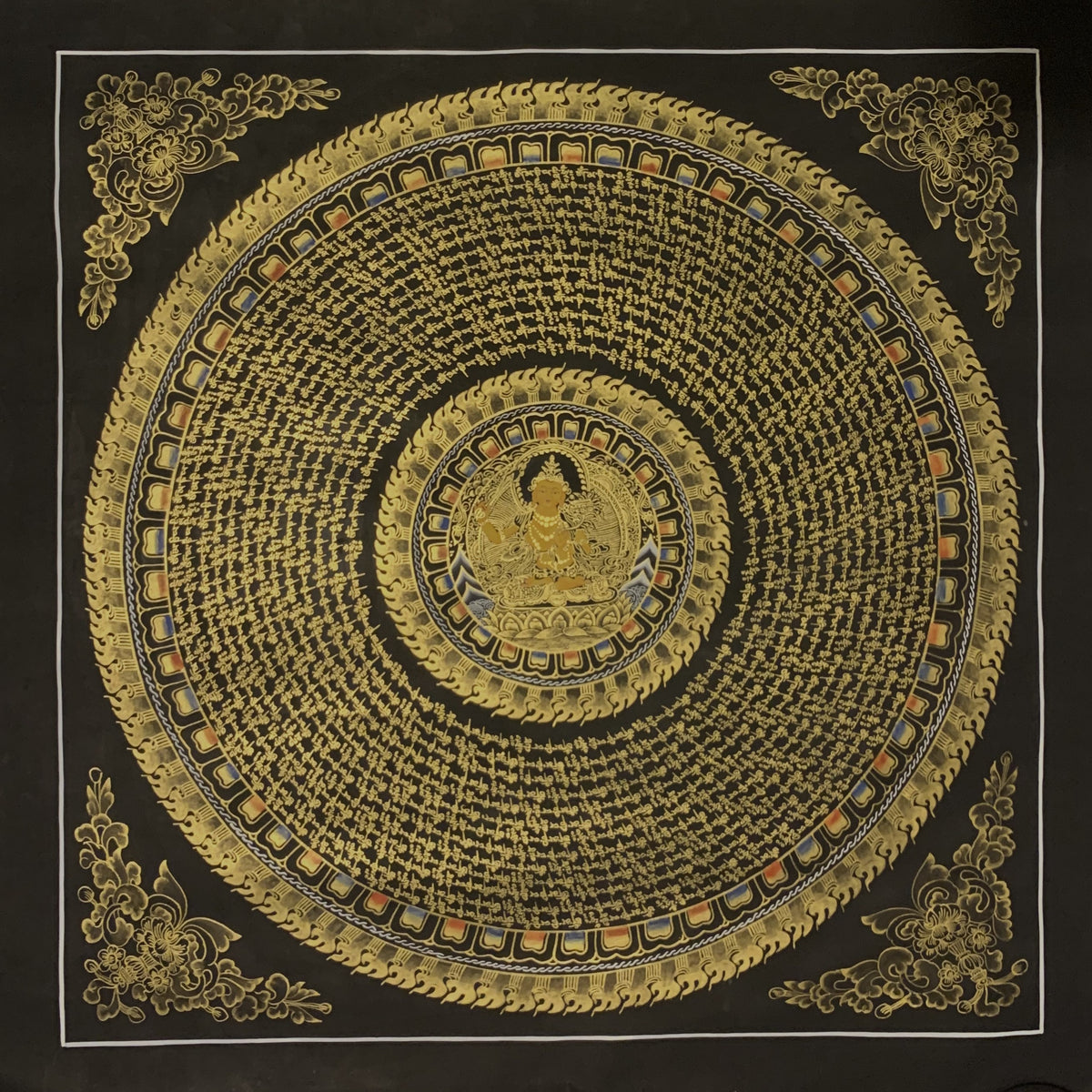 Hand-Painted Manjushri Om Mantra Mandala Tibetan Thangka Art (27x27 In)