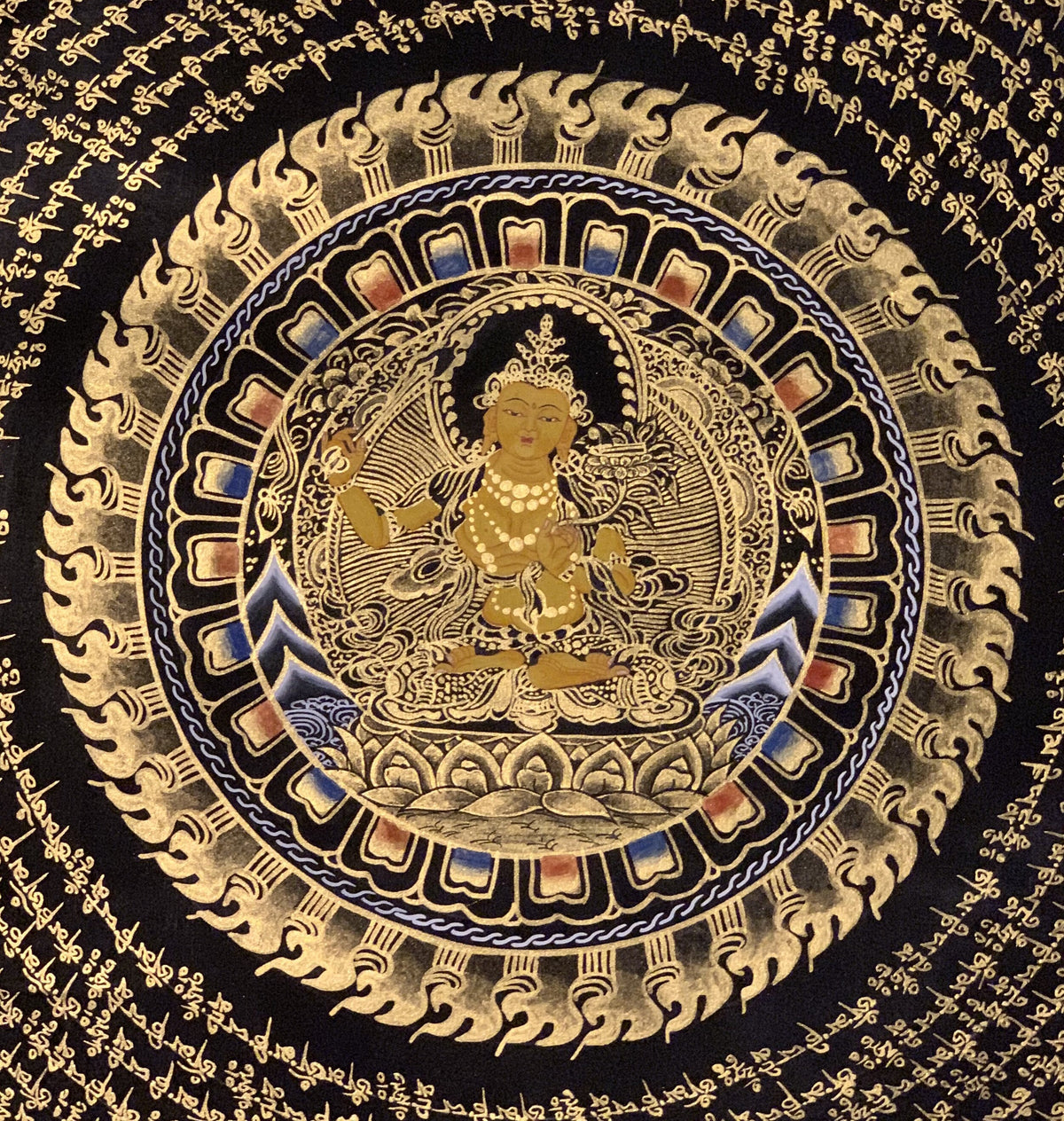 Hand-Painted Manjushri Om Mantra Mandala Tibetan Thangka Art (27x27 In)