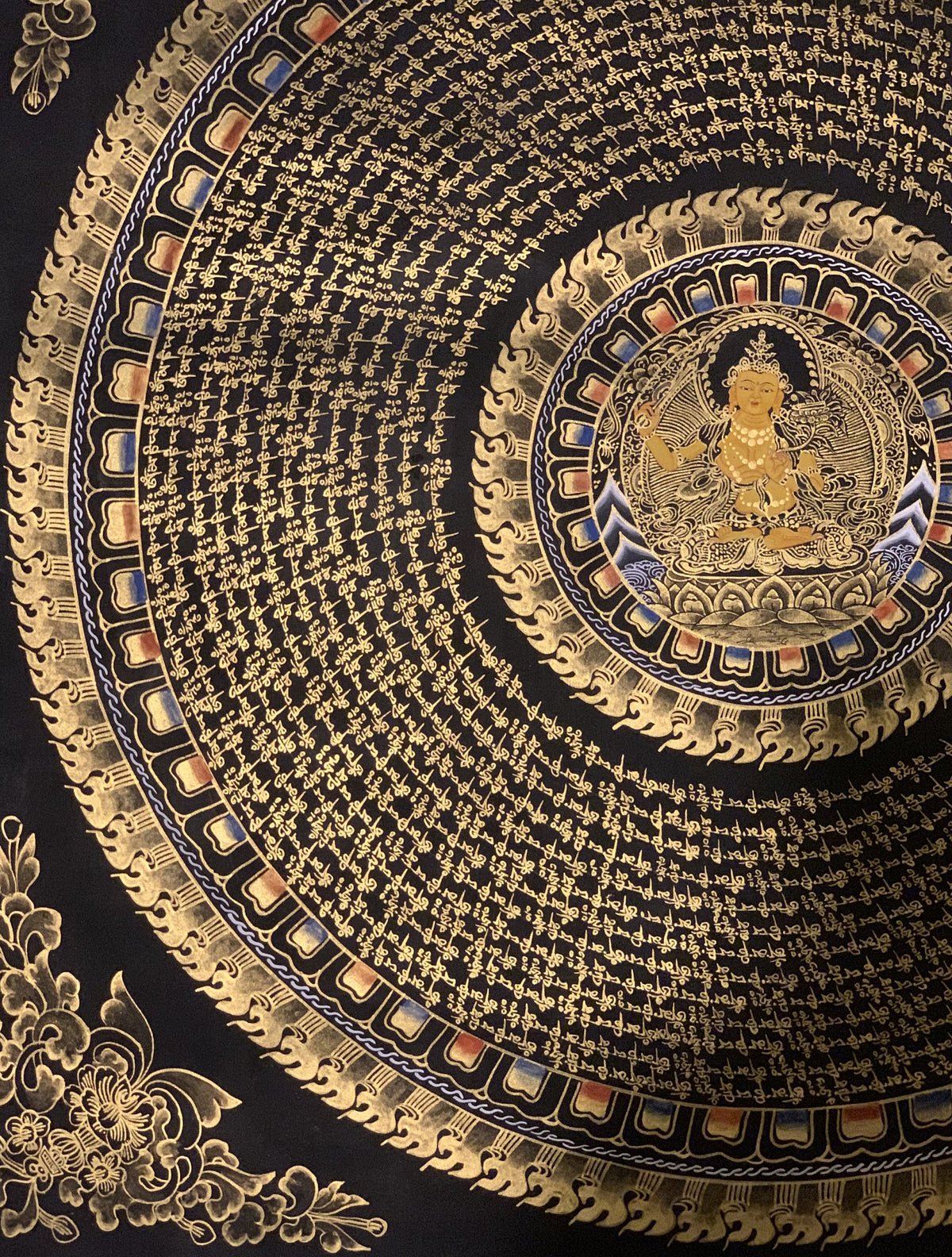 Hand-Painted Manjushri Om Mantra Mandala Tibetan Thangka Art (27x27 In)