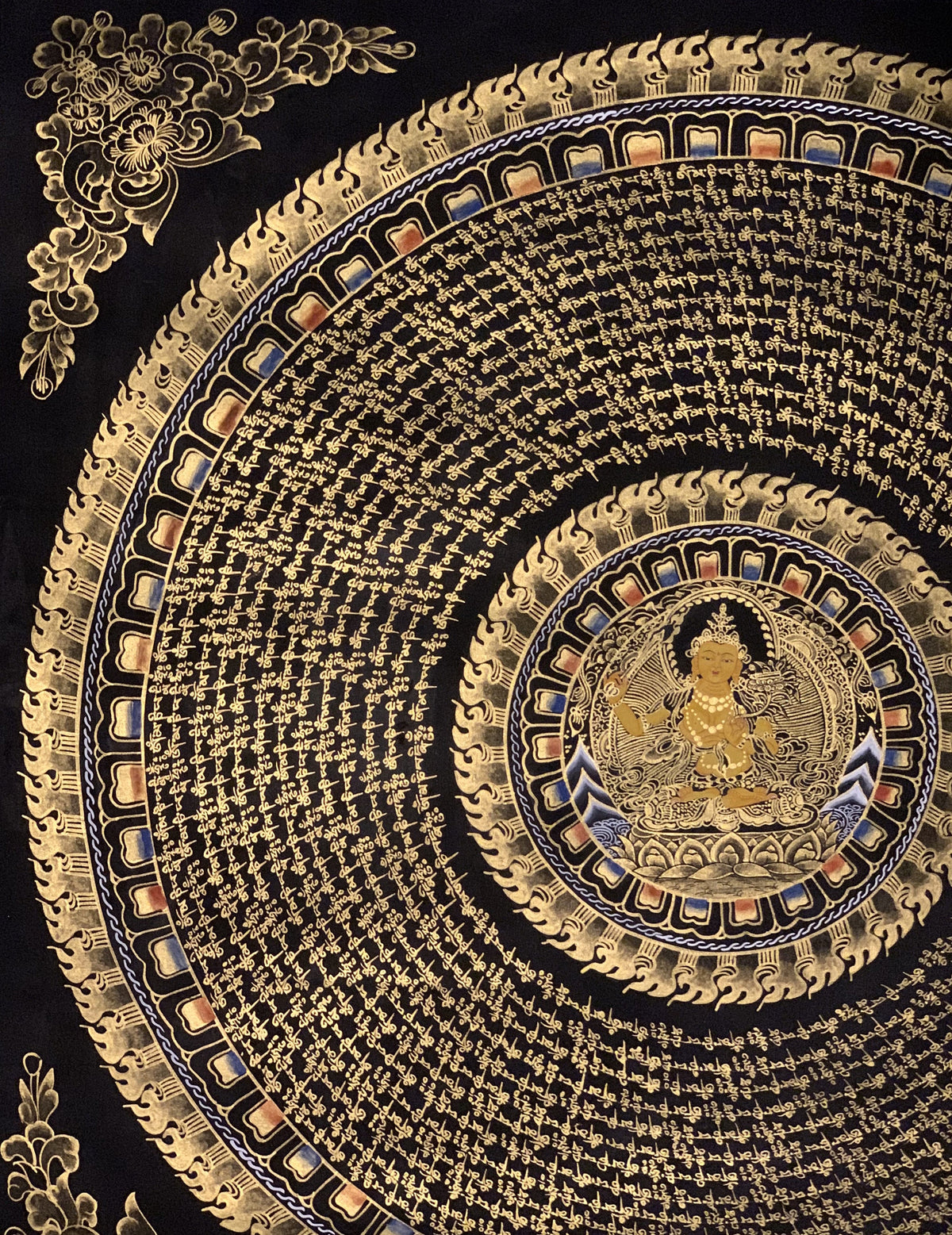 Hand-Painted Manjushri Om Mantra Mandala Tibetan Thangka Art (27x27 In)