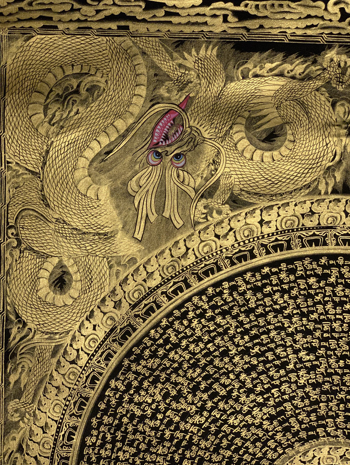 Hand Painted Sacred Om Mantra Dragon Mandala Black and Gold Master Quality Tibetan Thangka Painting/Wall Hanging Original Artist Signed Art