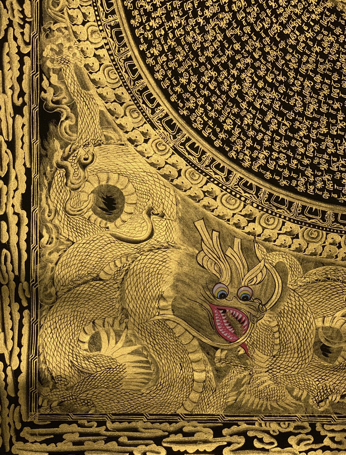 Hand Painted Sacred Om Mantra Dragon Mandala Black and Gold Master Quality Tibetan Thangka Painting/Wall Hanging Original Artist Signed Art