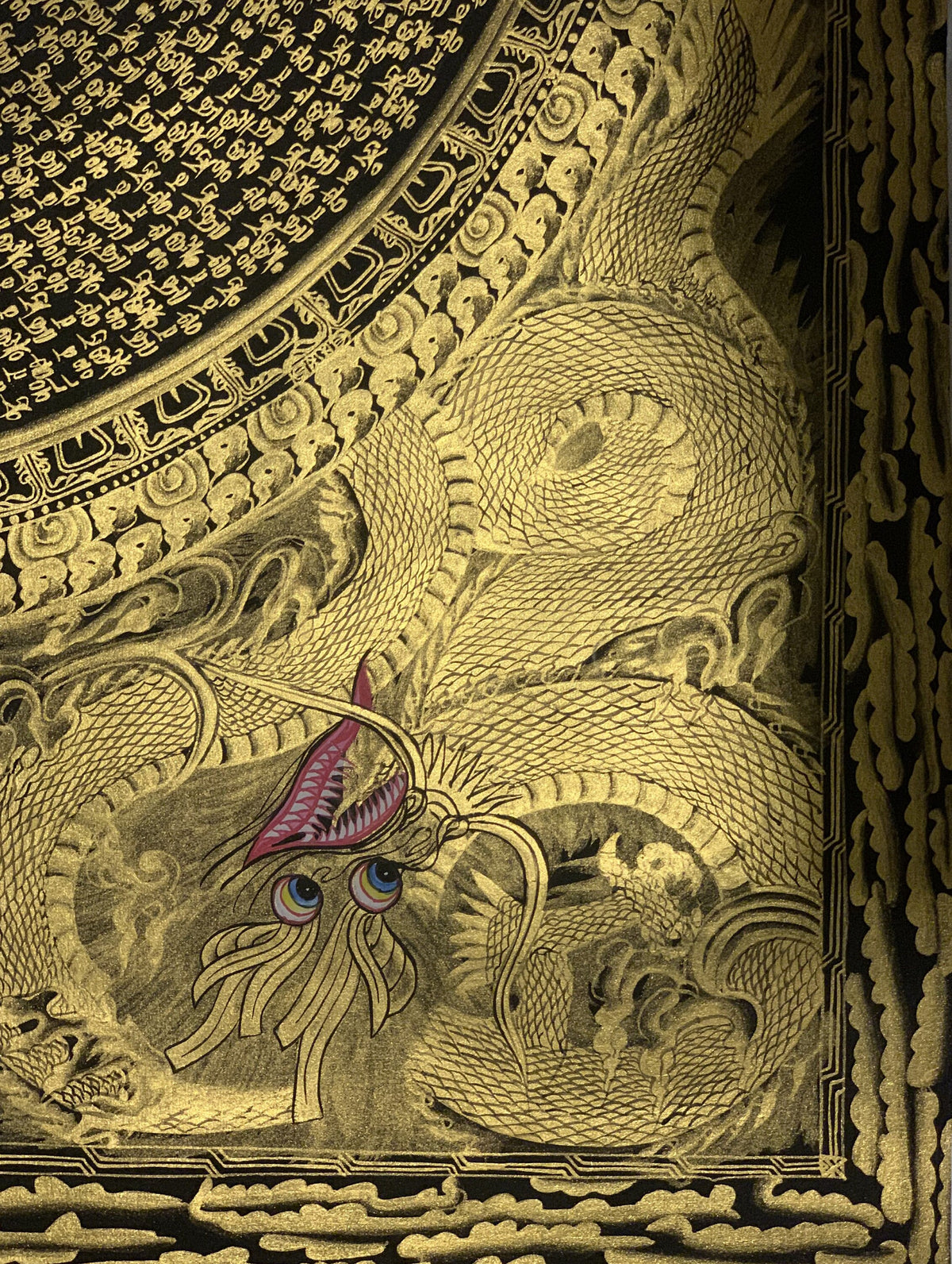 Hand Painted Sacred Om Mantra Dragon Mandala Black and Gold Master Quality Tibetan Thangka Painting/Wall Hanging Original Artist Signed Art