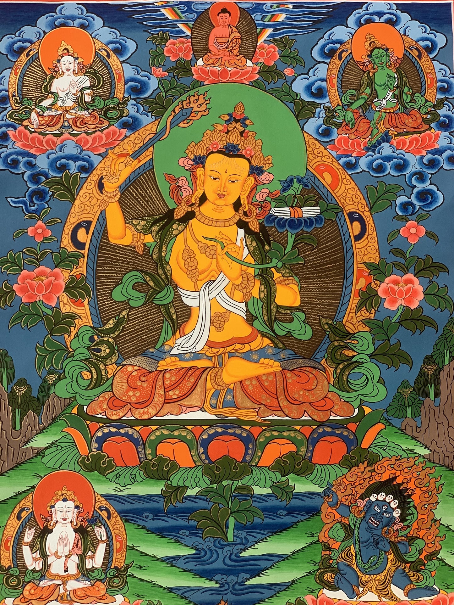 Original Hand-Painted Manjushri Thangka | Wisdom Bodhisattva Art | Jampelyang Tibetan Silk Brocade Framed  Painting