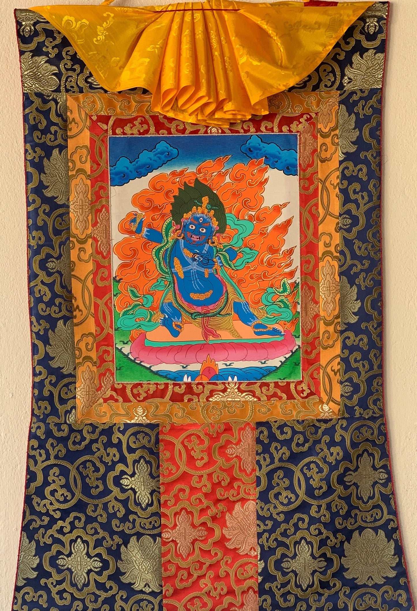 Vajrapani Tibetan Thangka Painting | Wrathful Protector | Hand-Painted Art | Silk Brocade Framed