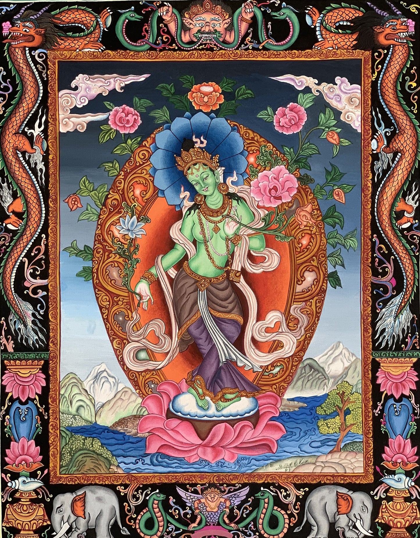 Green Tara Thangka Painting, Newari Paubha Art, Handmade Cotton Canvas
